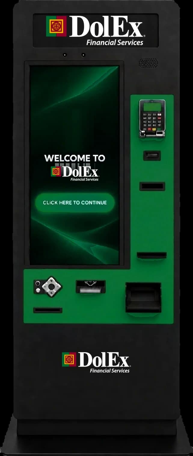 Black and green DolEx branded Felix kiosk