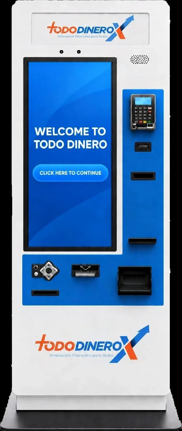 White and blue Todo Dinero branded Felix kiosk