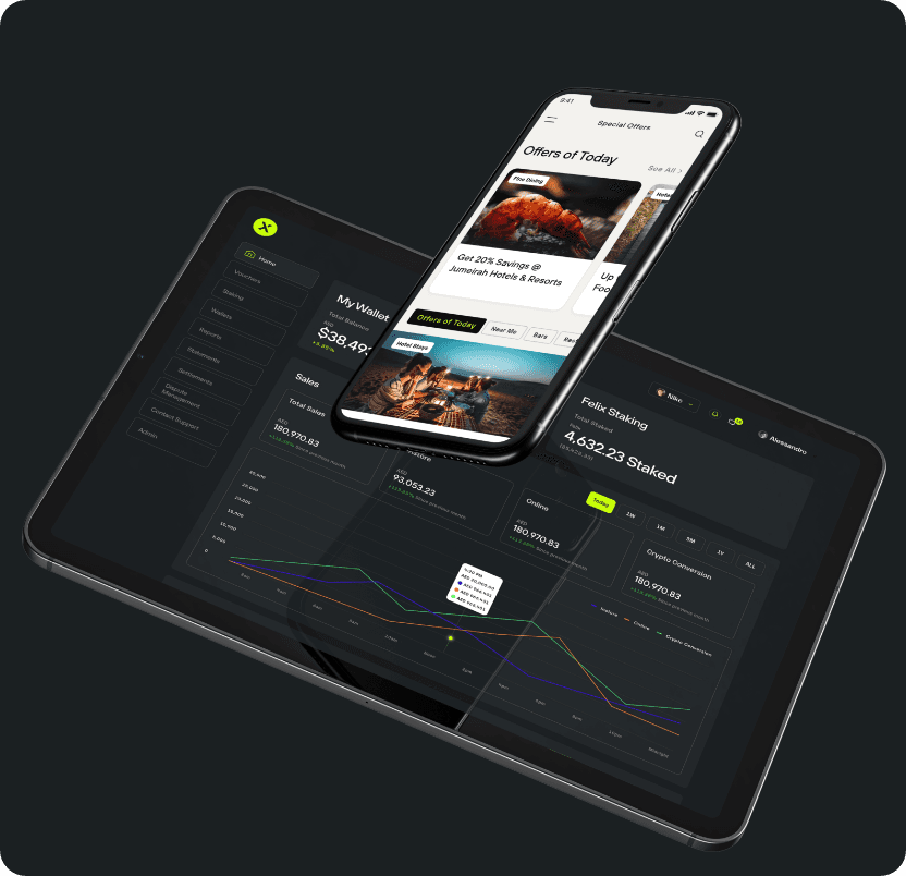 Felix merchant dashboard on a tablet beside the mobile app