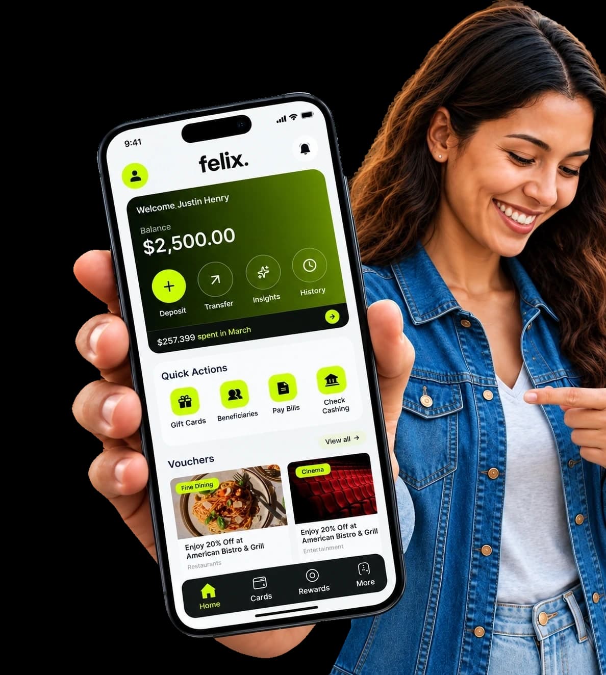 A smiling customer holding up the Felix app showing her balance and vouchers