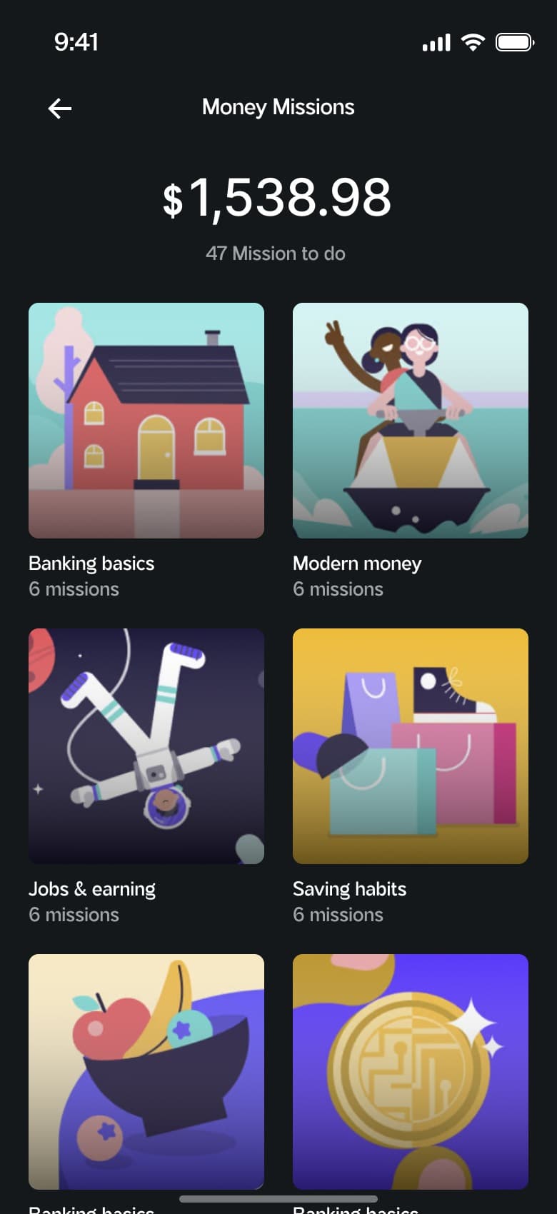 Learning missions — banking basics, modern money, jobs and earning
