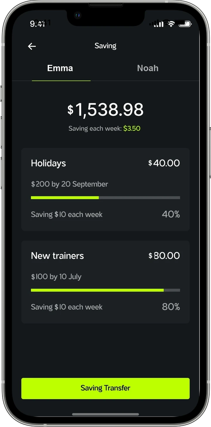 SmartStart savings goals — holidays and new trainers, each with a target and weekly saving