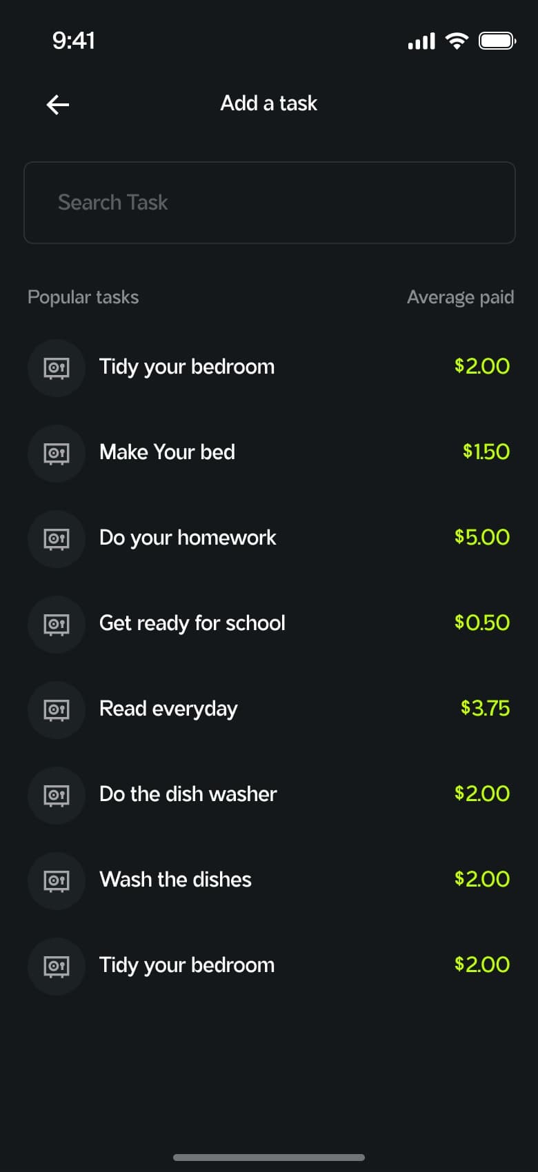 Money Missions screen — chores with their rewards