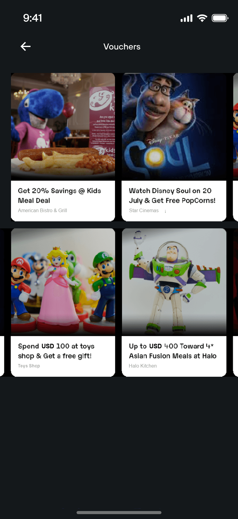 Vouchers screen with kid-friendly offers
