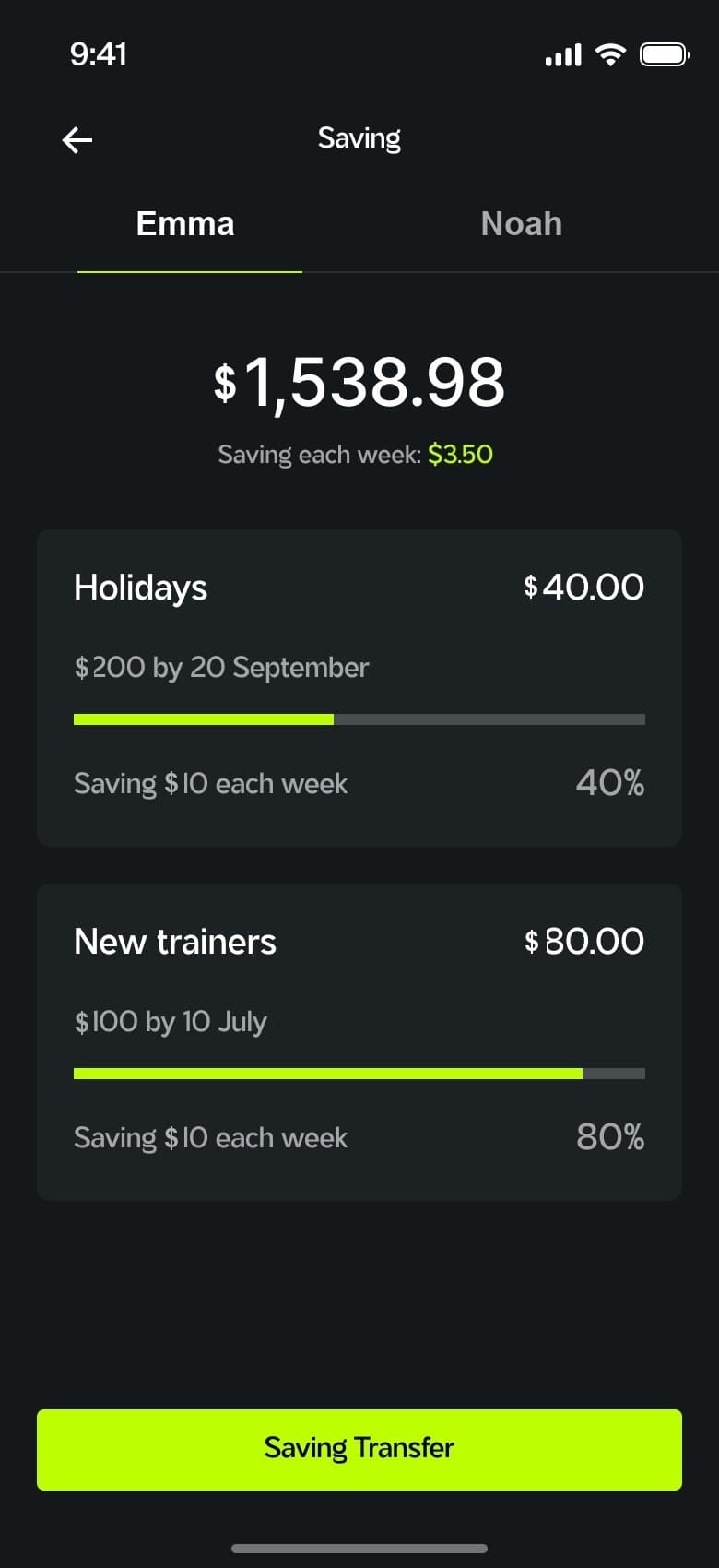 Savings screen — holidays and new trainers goals with progress