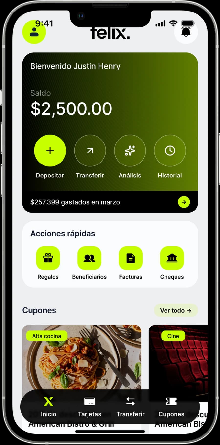 Felix home screen in Spanish — bienvenido, saldo, depositar, transferir, análisis, historial y acciones rápidas