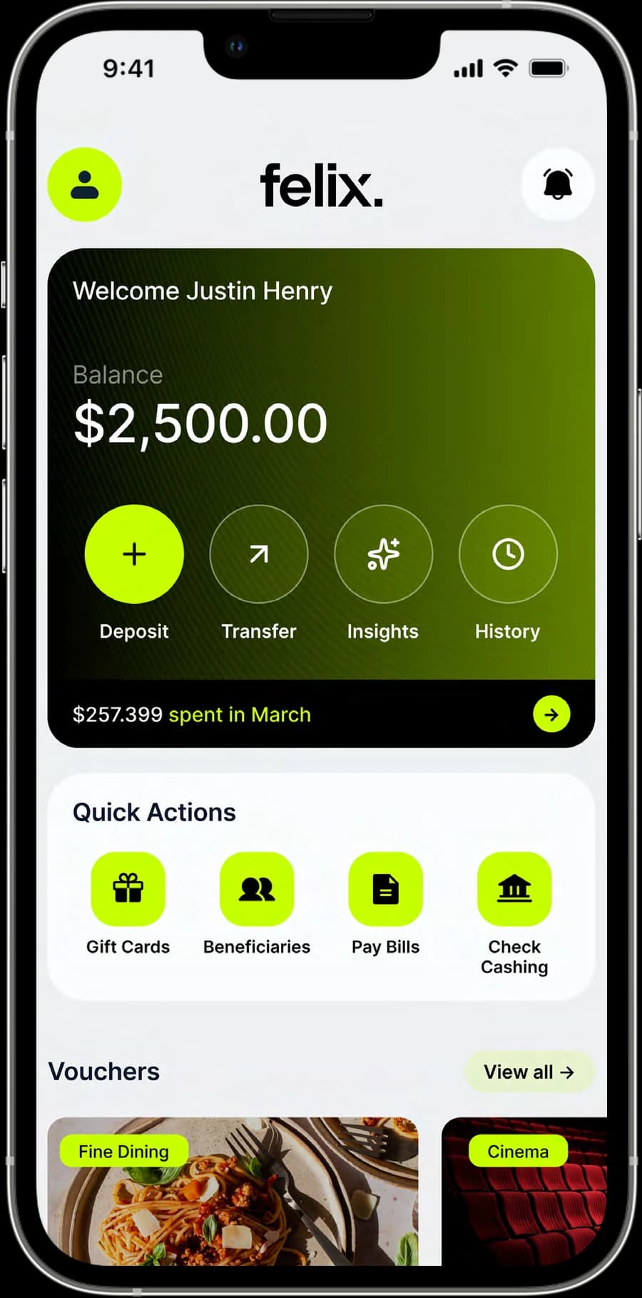 The Felix app home screen showing balance, quick actions and vouchers